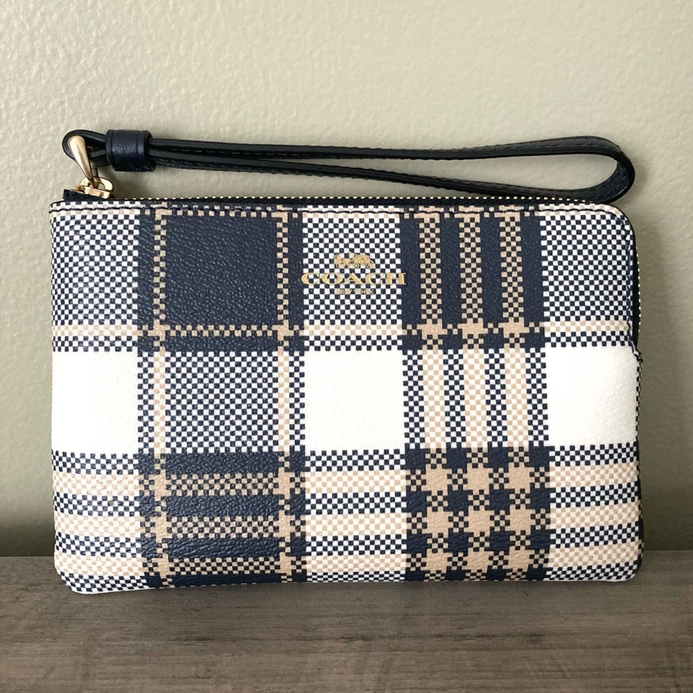COACH Corner Zip Wristlet in Navy Garden Plaid Print